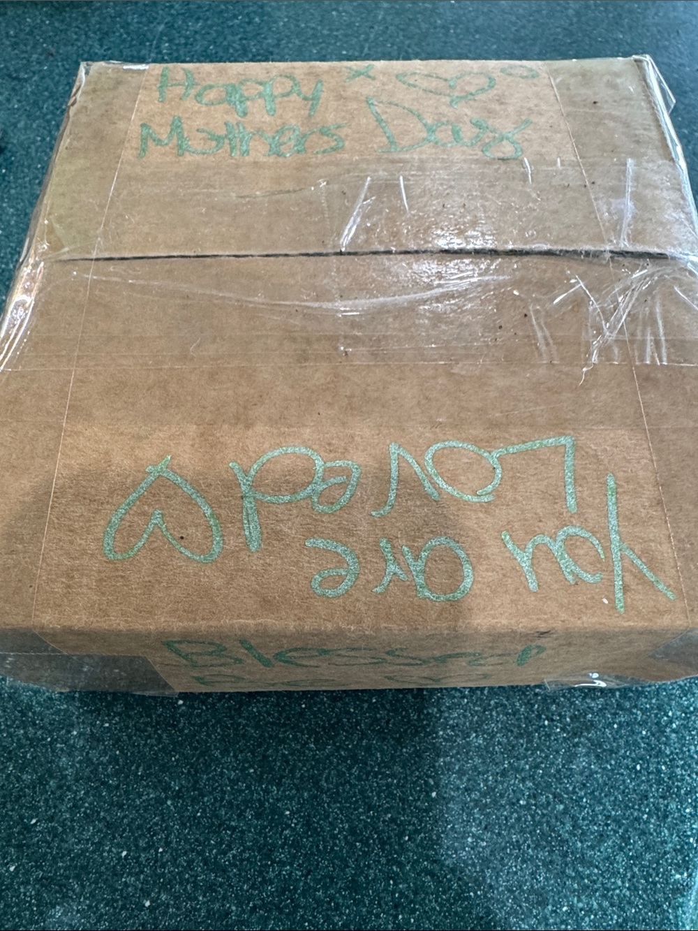 Hand-Decorated Brown Shipping Box with Teal Metallic Marker